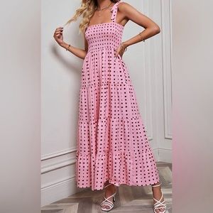 Pink with red dots tie strap maxi dress ruched tiered boho women's large
